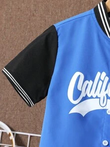 SHEIN Áo sơ mi Trai Nút phía trước Khối Màu Lá thư Giải trí - Màu xanh lam - Xem 5