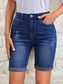 EMERY ROSE 破洞卷邊牛仔短褲 - 深色水洗藍 - 查看 1