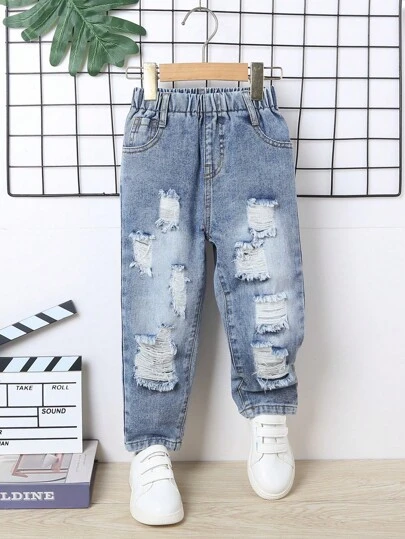 Ung pojke Slitna Sliten Elastisk Midja Jeans