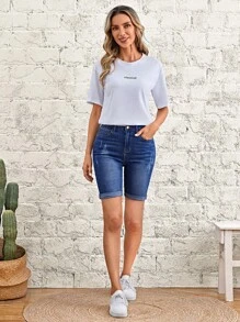 EMERY ROSE 破洞卷邊牛仔短褲 - 深色水洗藍 - 查看 3