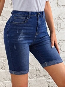 EMERY ROSE 破洞卷邊牛仔短褲 - 深色水洗藍 - 查看 4