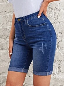 EMERY ROSE 破洞卷邊牛仔短褲 - 深色水洗藍 - 查看 5