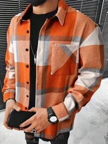 Manfinity Homme Lỏng lẻo phù hợp Nam In kẻ sọc Nút xuống áo Với Túi - trái cam - Xem 1