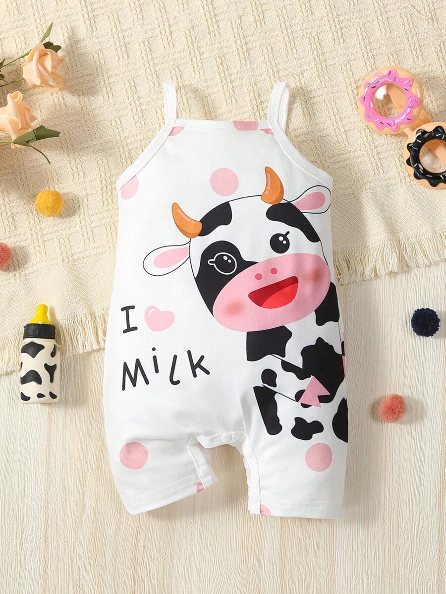 Baby Girl Cow & Slogan Graphic Cami Jumpsuit - Pink - View 1