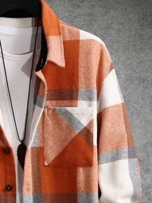 Manfinity Homme Lỏng lẻo phù hợp Nam In kẻ sọc Nút xuống áo Với Túi - trái cam - Xem 4