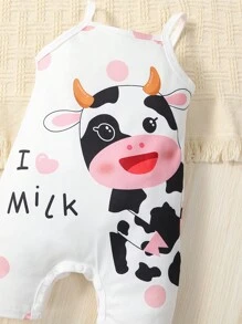 Baby Girl Cow & Slogan Graphic Cami Jumpsuit - Pink - View 3