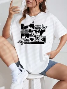 SHEIN EZwear Camiseta de hombros caídos con estampado de mariposa y slogan - Blanco - Ver 1