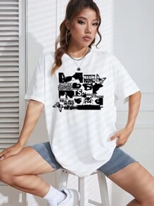 SHEIN EZwear Camiseta de hombros caídos con estampado de mariposa y slogan - Blanco - Ver 3