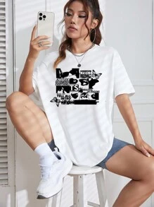 SHEIN EZwear Camiseta de hombros caídos con estampado de mariposa y slogan - Blanco - Ver 4