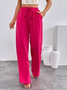 SHEIN Essnce Quần nữ Dây kéo Thắt nút Túi màu trơn Giải trí - Màu Hồng Tươi - Xem 1