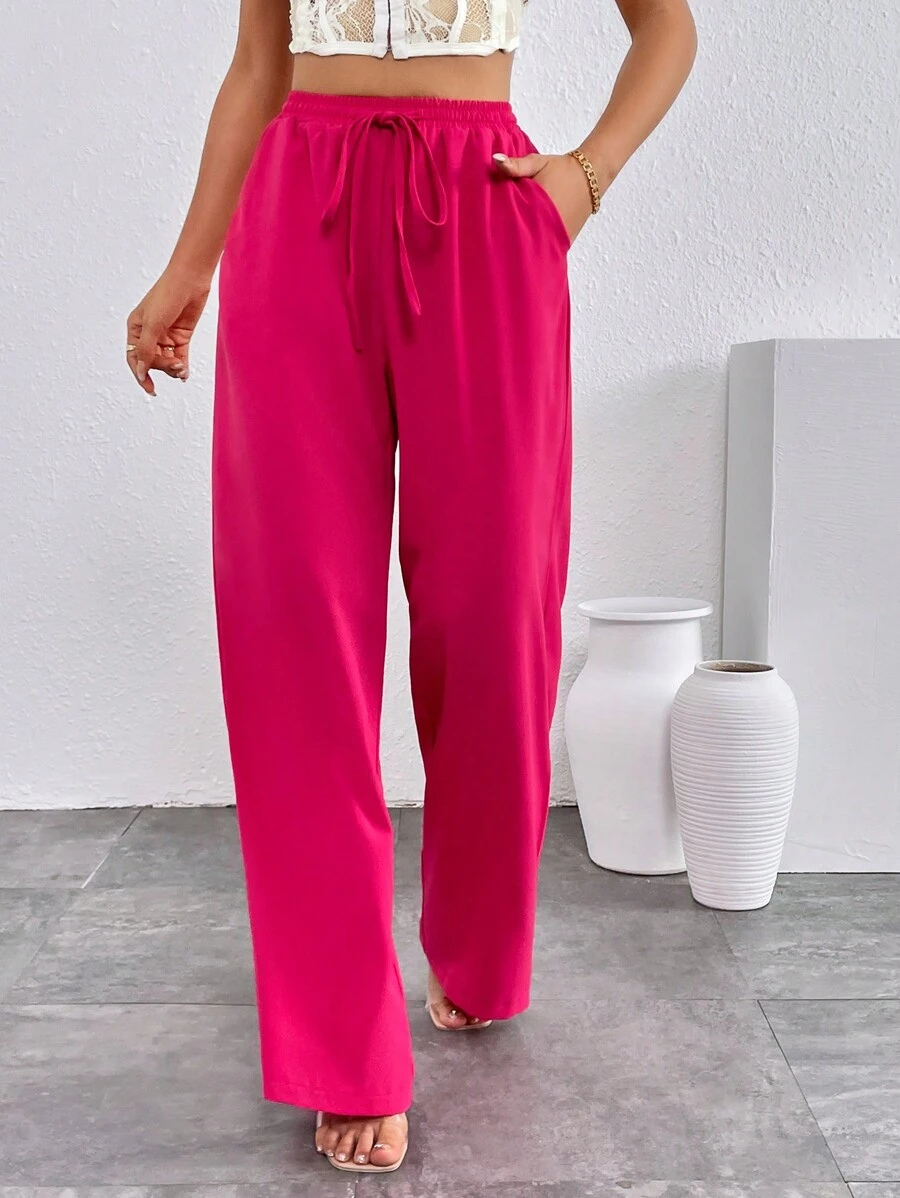 SHEIN Essnce Quần nữ Dây kéo Thắt nút Túi màu trơn Giải trí - Màu Hồng Tươi - Xem 1