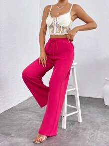 SHEIN Essnce Quần nữ Dây kéo Thắt nút Túi màu trơn Giải trí - Màu Hồng Tươi - Xem 3