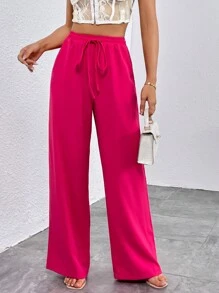 SHEIN Essnce Quần nữ Dây kéo Thắt nút Túi màu trơn Giải trí - Màu Hồng Tươi - Xem 4