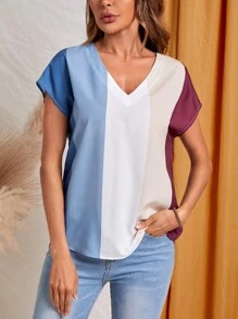 EMERY ROSE Colorblock Batwing Sleeve V Neck Blouse - Multicolor - View 1