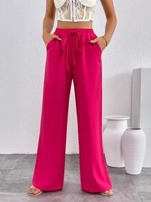SHEIN Essnce Quần nữ Dây kéo Thắt nút Túi màu trơn Giải trí - Màu Hồng Tươi - Xem 6