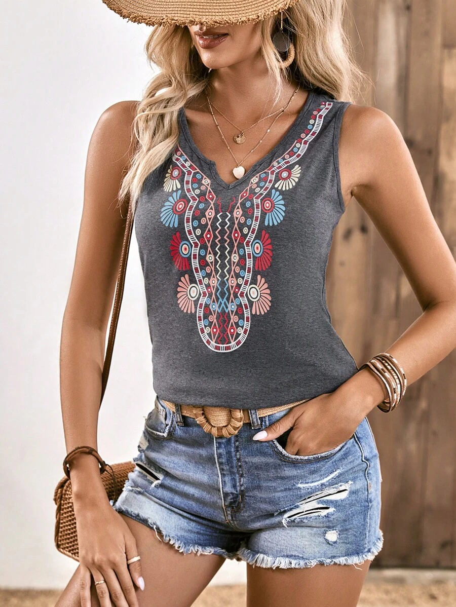 SHEIN LUNE Floral Print Notched Neck Tank Top - Grey - View 1
