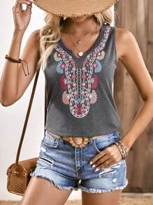 SHEIN LUNE Floral Print Notched Neck Tank Top - Grey - View 3