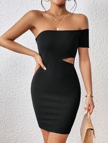 SHEIN Privé Đầm Cắt ra màu trơn Thanh lịch - màu đen - Xem 4