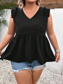 SHEIN LUNE Plus Frill Trim Peplum Blouse - Black - View 1