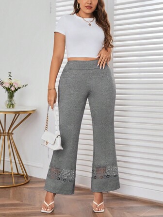 SHEIN Privé 大碼蕾絲拼接喇叭褲