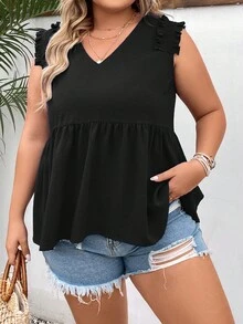 SHEIN LUNE Plus Frill Trim Peplum Blouse - Black - View 3