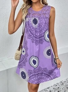 SHEIN LUNE Tribal Print Contrast Lace Tank Dress - Purple - View 1