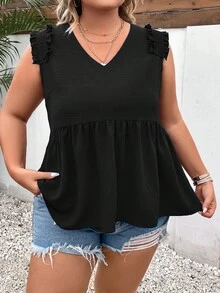 SHEIN LUNE Plus Frill Trim Peplum Blouse - Black - View 4