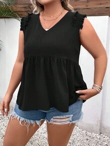 SHEIN LUNE Plus Frill Trim Peplum Blouse - Black - View 5