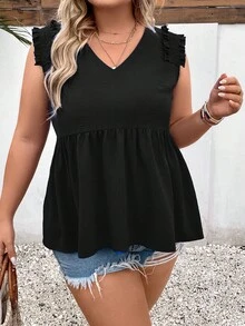 SHEIN LUNE Plus Frill Trim Peplum Blouse - Black - View 6