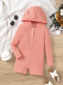 SHEIN Young Girl Ribbed Knit 3D Ear Design Hooded Romper - Coral Pink - View 1
