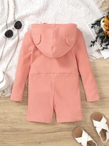 SHEIN Young Girl Ribbed Knit 3D Ear Design Hooded Romper - Coral Pink - View 2