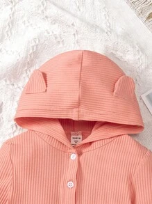 SHEIN Young Girl Ribbed Knit 3D Ear Design Hooded Romper - Coral Pink - View 5
