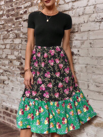 SHEIN LUNE Floral Print Ruffle Hem Belted Dress