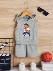 SHEIN Đứa bé trai Đồ họa chữ cái & Gấu áo có mũ Áo ba lỗ & Quần short - Màu Xám nhạt - Xem 1