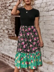 SHEIN LUNE 印花荷葉邊繫腰帶連衣裙 - 彩色 - 查看 3