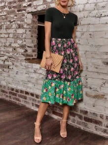 SHEIN LUNE 印花荷葉邊繫腰帶連衣裙 - 彩色 - 查看 5