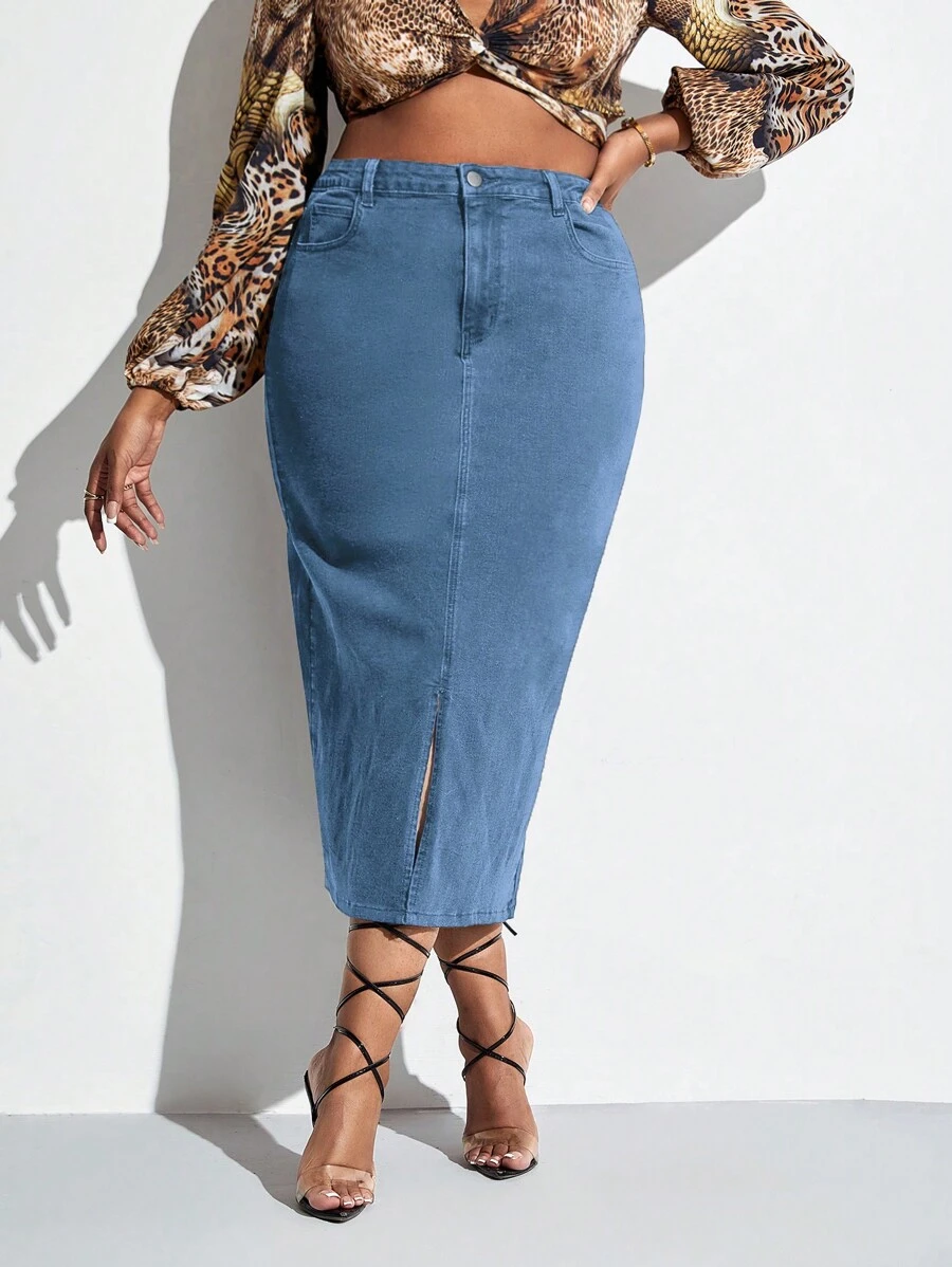 váy ngắn denim kích thước lớn Nút Túi Chia Dây kéo màu trơn - Rửa trung bình - Xem 1