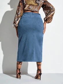 váy ngắn denim kích thước lớn Nút Túi Chia Dây kéo màu trơn - Rửa trung bình - Xem 2