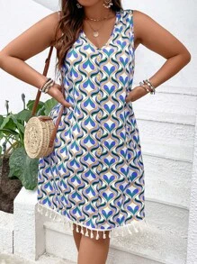 SHEIN LUNE Plus Allover Print Tassel Trim Tank Dress - Blue - View 3