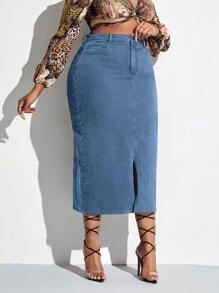 váy ngắn denim kích thước lớn Nút Túi Chia Dây kéo màu trơn - Rửa trung bình - Xem 3