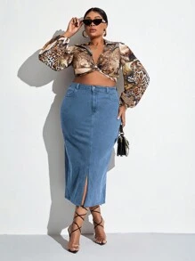 váy ngắn denim kích thước lớn Nút Túi Chia Dây kéo màu trơn - Rửa trung bình - Xem 4