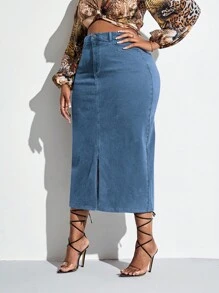 váy ngắn denim kích thước lớn Nút Túi Chia Dây kéo màu trơn - Rửa trung bình - Xem 5