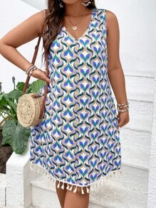SHEIN LUNE Plus Allover Print Tassel Trim Tank Dress - Blue - View 6