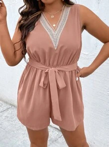 Calvaya Plus Guipure Lace Panel Belted Romper - Pink - View 3