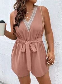 Calvaya Plus Guipure Lace Panel Belted Romper - Pink - View 4