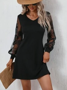 SHEIN Clasi 蕾絲拼接燈籠袖連衣裙 - 黑色 - 查看 1