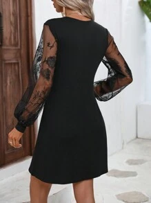 SHEIN Clasi 蕾絲拼接燈籠袖連衣裙 - 黑色 - 查看 2