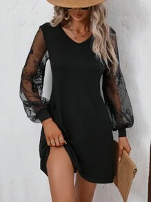 SHEIN Clasi 蕾絲拼接燈籠袖連衣裙 - 黑色 - 查看 4