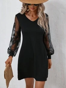 SHEIN Clasi 蕾絲拼接燈籠袖連衣裙 - 黑色 - 查看 5