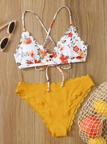 SHEIN Swim Summer Beach Floral Print Scallop Trim Bikini Set - Multicolor - View 2